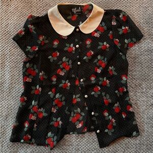 Hell Bunny Black Floral Blouse with Cream Collar